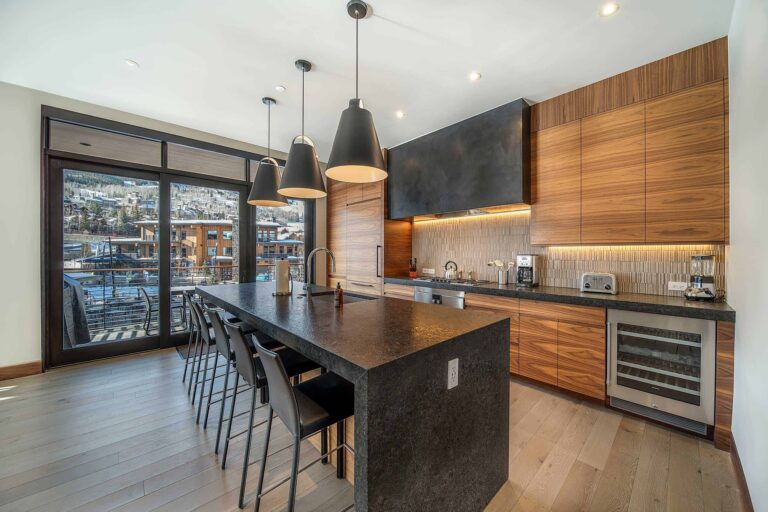long term vacation rental kitchen with a mountain view